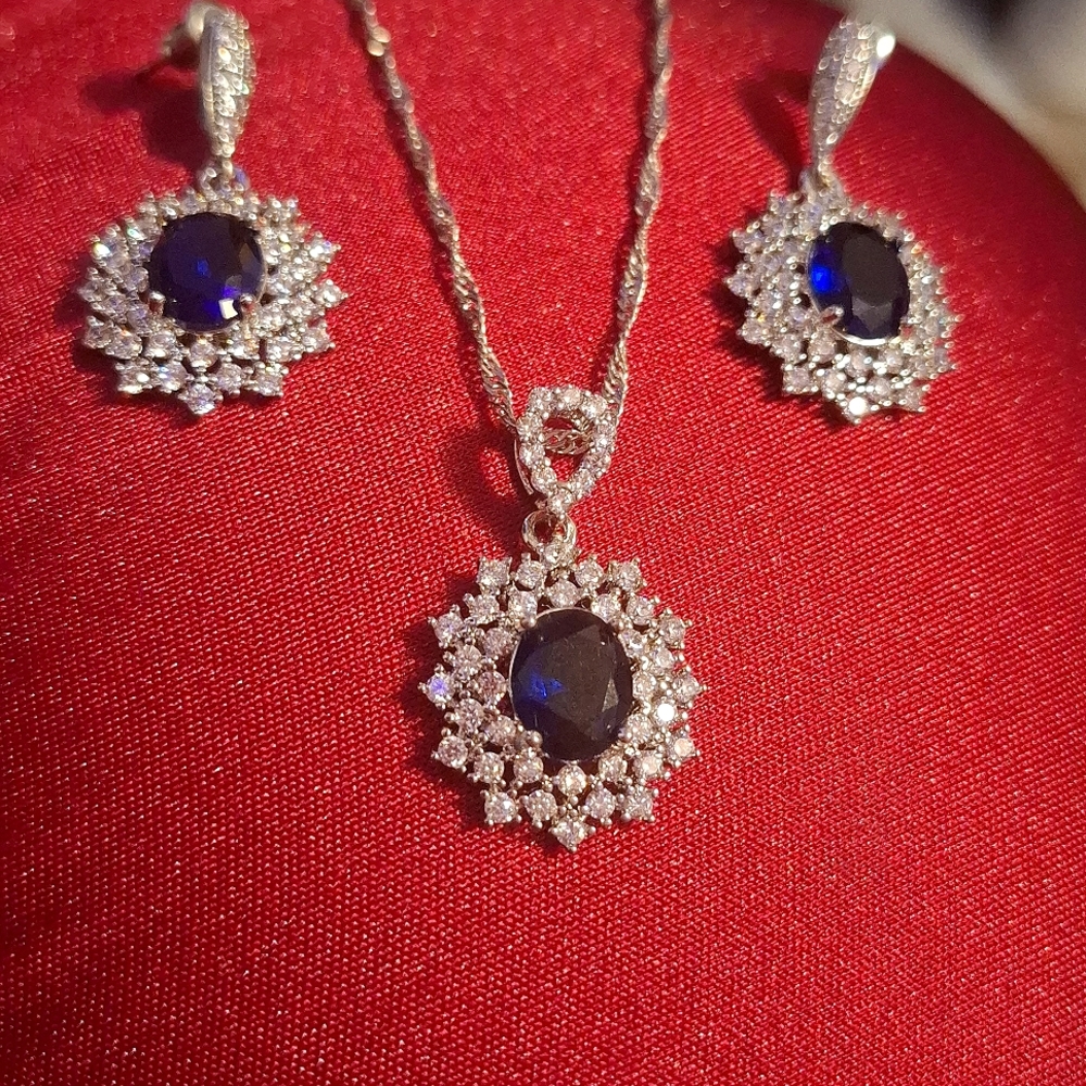 💎Vintage Lab Created Sapphire Blue Halo CZ Cluster Princess Necklace Earrings